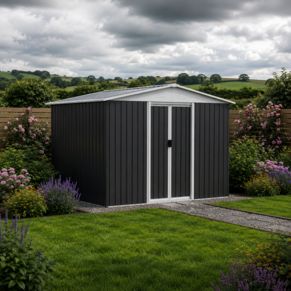 Metal 12x10FT (3.6 x 3m) Garden Shed – Grey - Modern Outdoor Storage for Tools & Equipment + FREE Solar Light