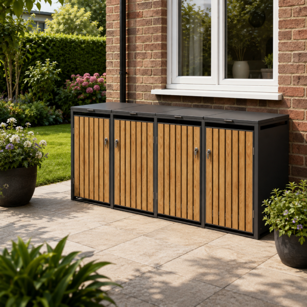 Wheelie Bin Shelter Premium - 4 Bay - Wood Effect Slats - Available for Pre-Order!