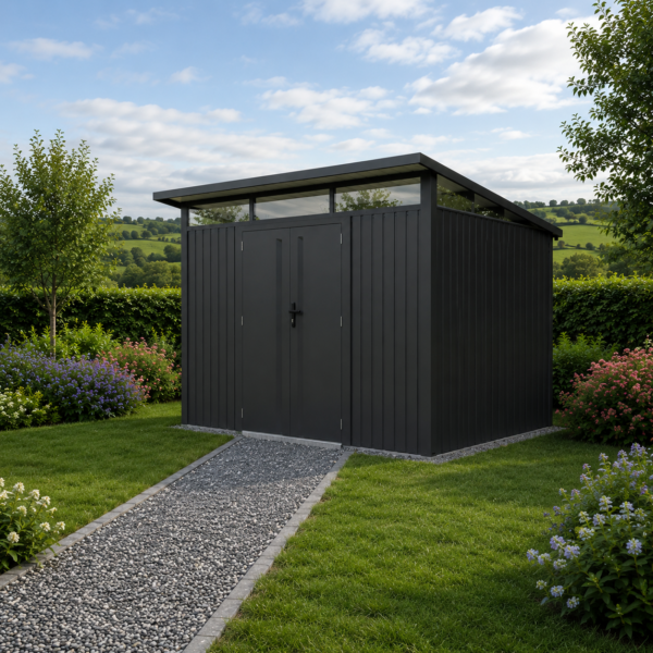 Complete Metal Shed Bundle – Slanted Roof Shed (9.5ft x 10.3ft/2.9 x 3.1m ) + Heavy-Duty Aluminium Flooring + FREE Solar Light