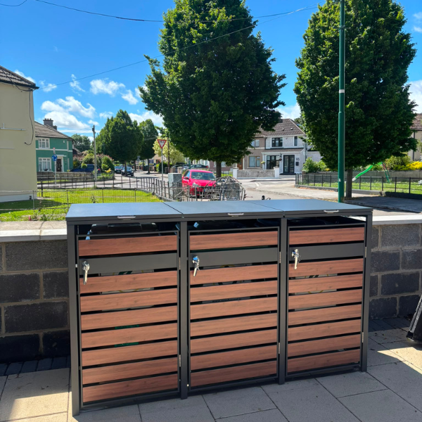Wheelie Bin Shelter Premium - 3 Bay - Wood Effect Metal Slats - Horizontal Slats