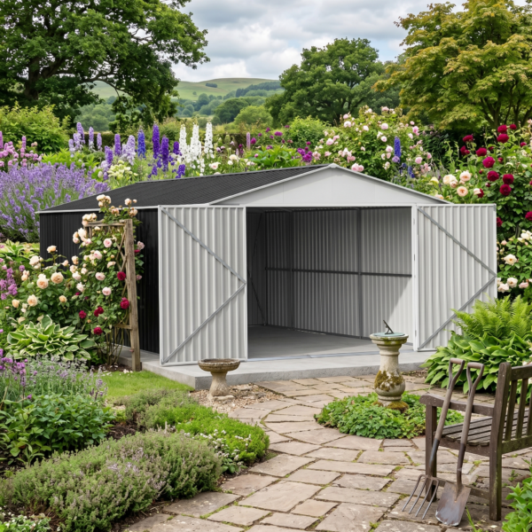 12×19FT (3.6 x 5.8m) Metal Storage Shed – Durable Outdoor Shed -0.35mm Thick Steel Panels + FREE Solar Light