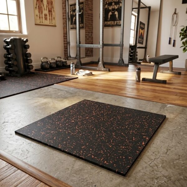 Floor Tiles/Gym Flooring (Single Tile) - Size: 100x100x2.5cm - Orange Dot Speckled Mat
