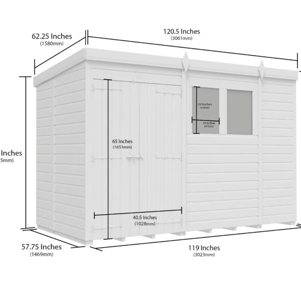 10 x 5 Pent Shed (Double Door, With Windows)
