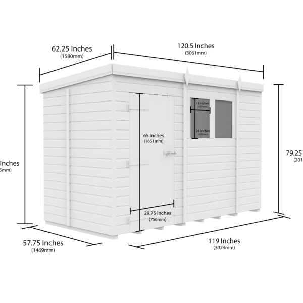 10 x 5 Pent Shed (Single Door, No Windows)